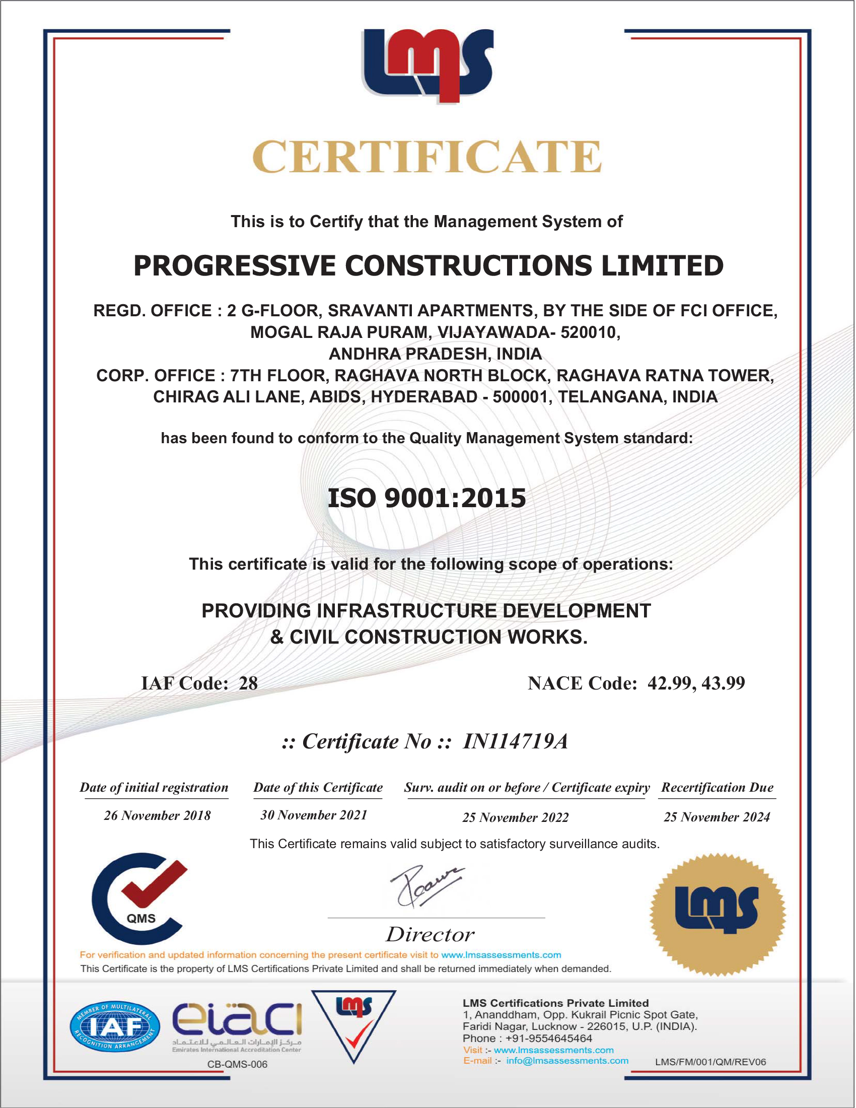 Progressive Constructions Limited ISO 9001:2015